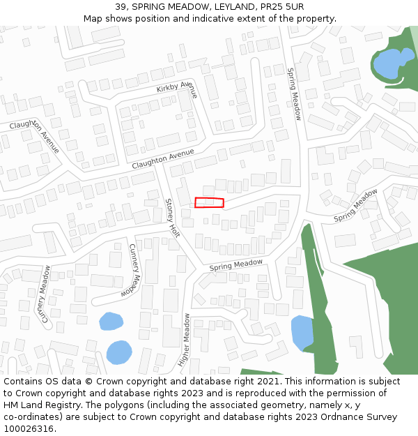 39, SPRING MEADOW, LEYLAND, PR25 5UR: Location map and indicative extent of plot
