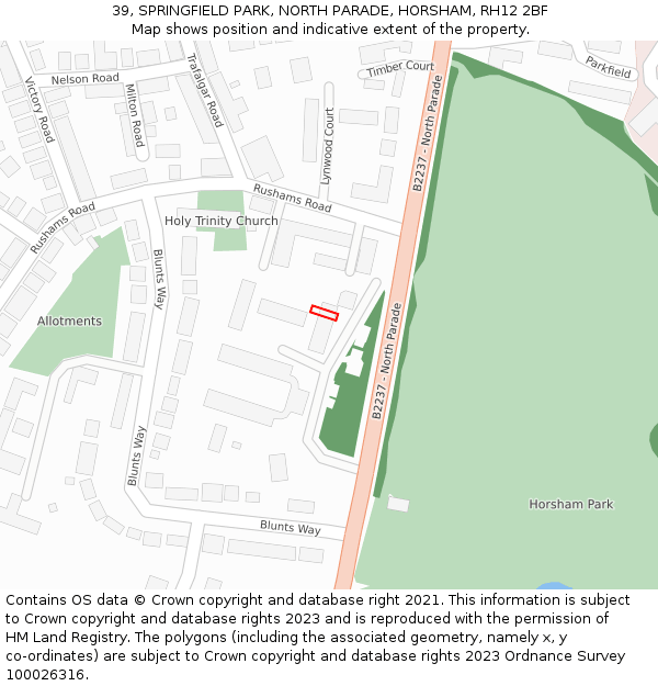 39, SPRINGFIELD PARK, NORTH PARADE, HORSHAM, RH12 2BF: Location map and indicative extent of plot