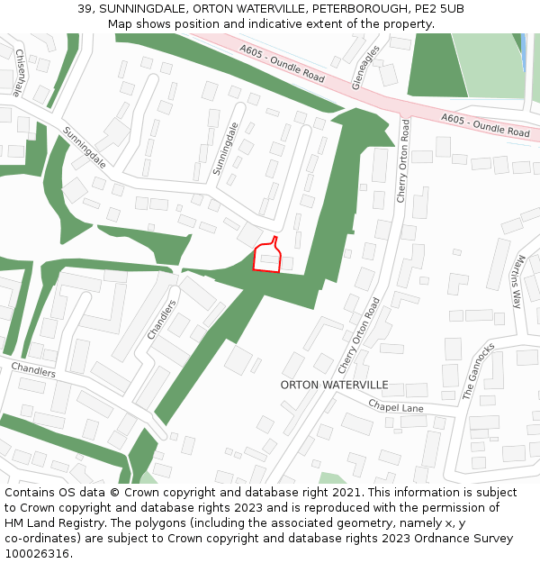 39, SUNNINGDALE, ORTON WATERVILLE, PETERBOROUGH, PE2 5UB: Location map and indicative extent of plot