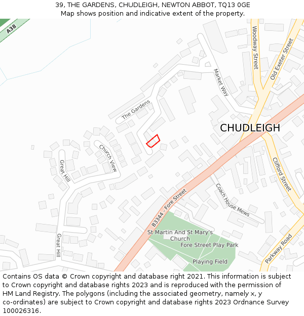 39, THE GARDENS, CHUDLEIGH, NEWTON ABBOT, TQ13 0GE: Location map and indicative extent of plot