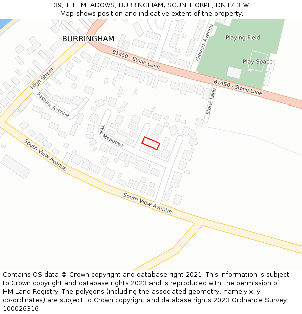 39, THE MEADOWS, BURRINGHAM, SCUNTHORPE, DN17 3LW: Location map and indicative extent of plot
