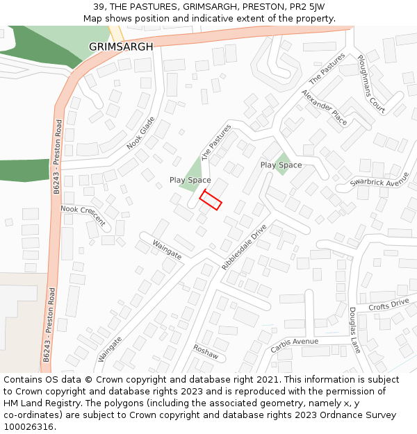 39, THE PASTURES, GRIMSARGH, PRESTON, PR2 5JW: Location map and indicative extent of plot