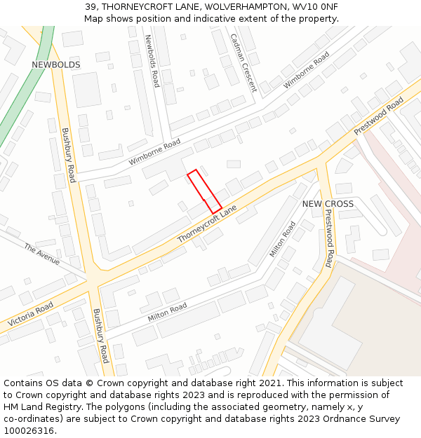 39, THORNEYCROFT LANE, WOLVERHAMPTON, WV10 0NF: Location map and indicative extent of plot