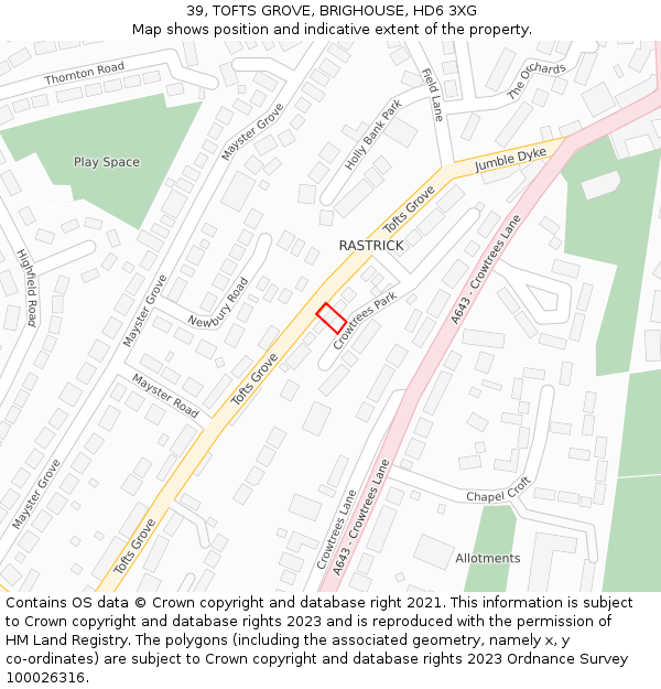 39, TOFTS GROVE, BRIGHOUSE, HD6 3XG: Location map and indicative extent of plot