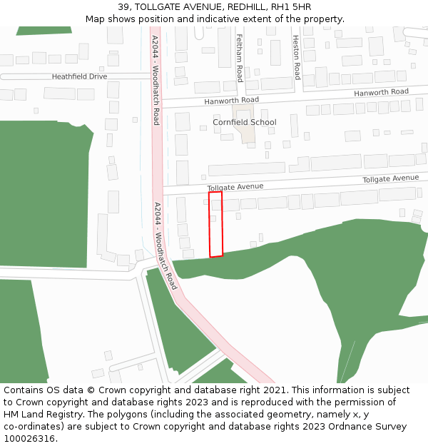 39, TOLLGATE AVENUE, REDHILL, RH1 5HR: Location map and indicative extent of plot