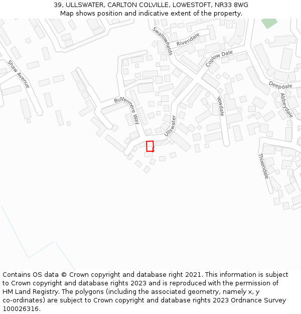 39, ULLSWATER, CARLTON COLVILLE, LOWESTOFT, NR33 8WG: Location map and indicative extent of plot