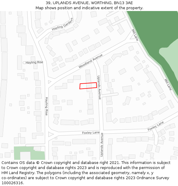 39, UPLANDS AVENUE, WORTHING, BN13 3AE: Location map and indicative extent of plot