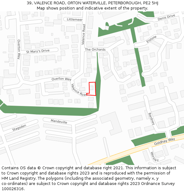 39, VALENCE ROAD, ORTON WATERVILLE, PETERBOROUGH, PE2 5HJ: Location map and indicative extent of plot