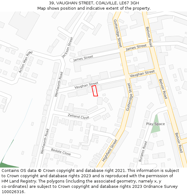 39, VAUGHAN STREET, COALVILLE, LE67 3GH: Location map and indicative extent of plot