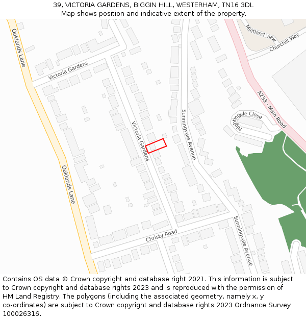 39, VICTORIA GARDENS, BIGGIN HILL, WESTERHAM, TN16 3DL: Location map and indicative extent of plot