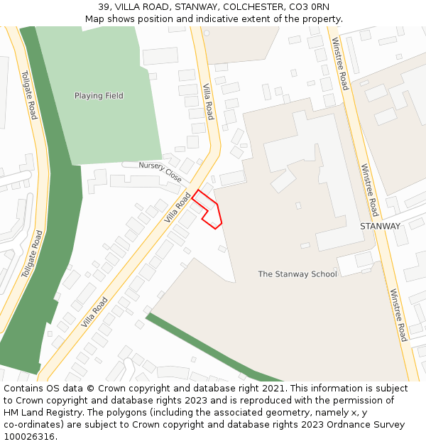 39, VILLA ROAD, STANWAY, COLCHESTER, CO3 0RN: Location map and indicative extent of plot