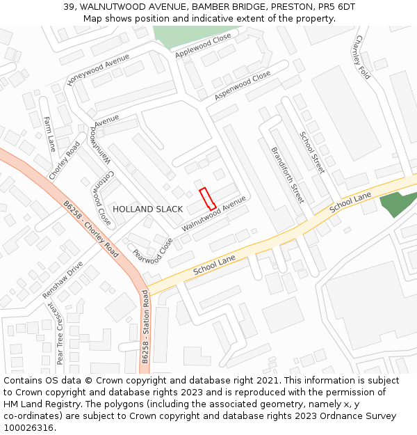 39, WALNUTWOOD AVENUE, BAMBER BRIDGE, PRESTON, PR5 6DT: Location map and indicative extent of plot