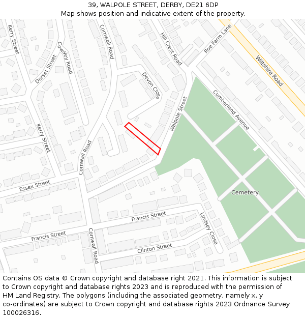 39, WALPOLE STREET, DERBY, DE21 6DP: Location map and indicative extent of plot