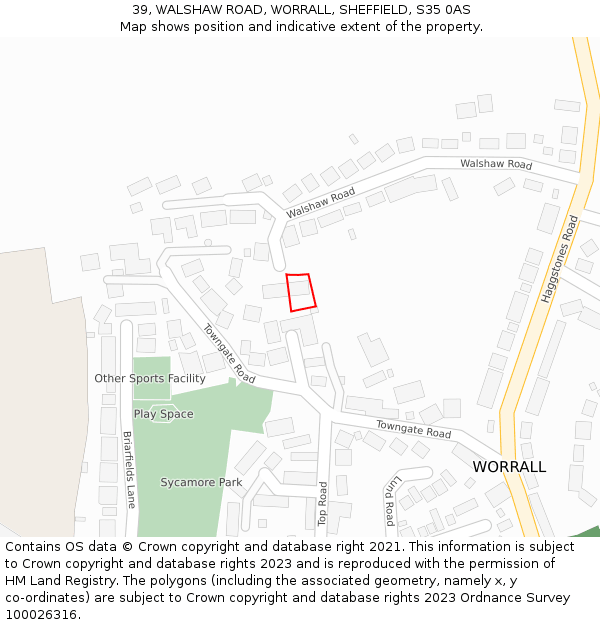 39, WALSHAW ROAD, WORRALL, SHEFFIELD, S35 0AS: Location map and indicative extent of plot