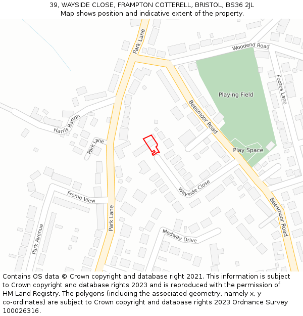 39, WAYSIDE CLOSE, FRAMPTON COTTERELL, BRISTOL, BS36 2JL: Location map and indicative extent of plot
