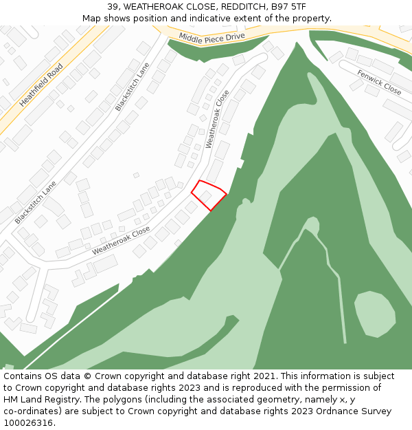 39, WEATHEROAK CLOSE, REDDITCH, B97 5TF: Location map and indicative extent of plot