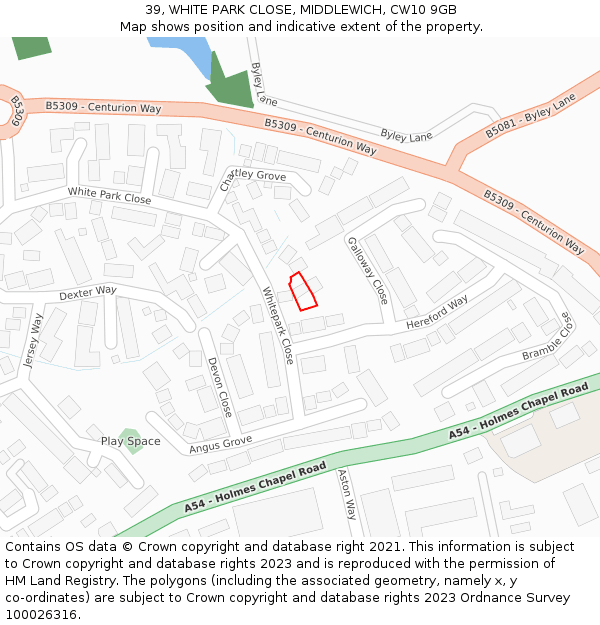 39, WHITE PARK CLOSE, MIDDLEWICH, CW10 9GB: Location map and indicative extent of plot