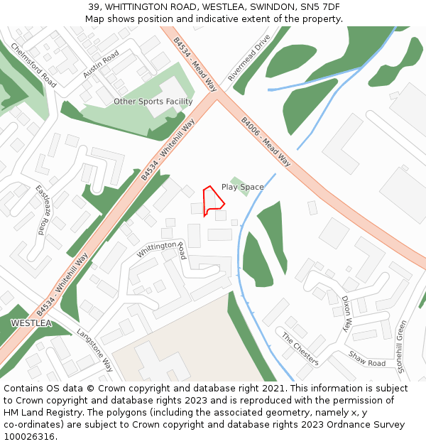 39, WHITTINGTON ROAD, WESTLEA, SWINDON, SN5 7DF: Location map and indicative extent of plot