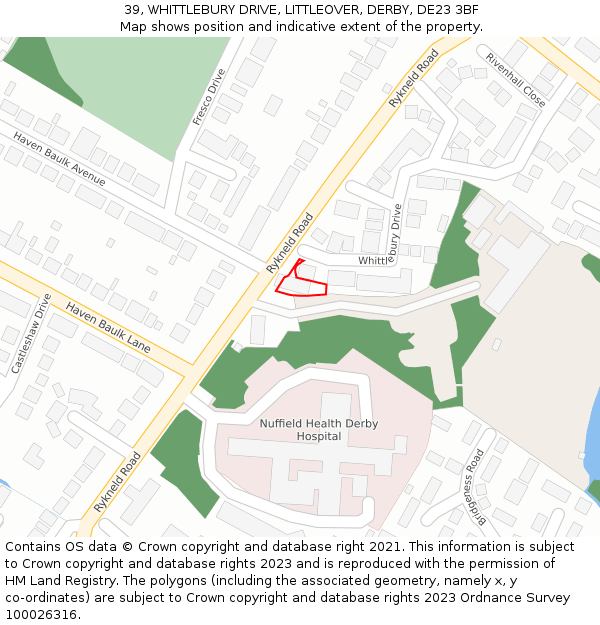 39, WHITTLEBURY DRIVE, LITTLEOVER, DERBY, DE23 3BF: Location map and indicative extent of plot