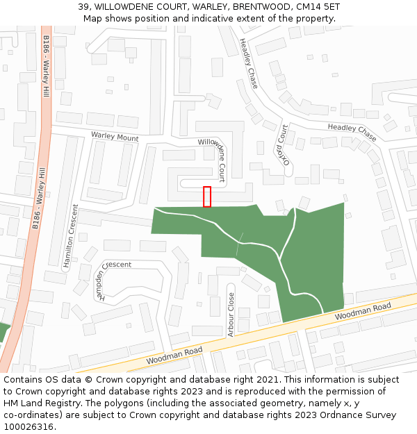 39, WILLOWDENE COURT, WARLEY, BRENTWOOD, CM14 5ET: Location map and indicative extent of plot