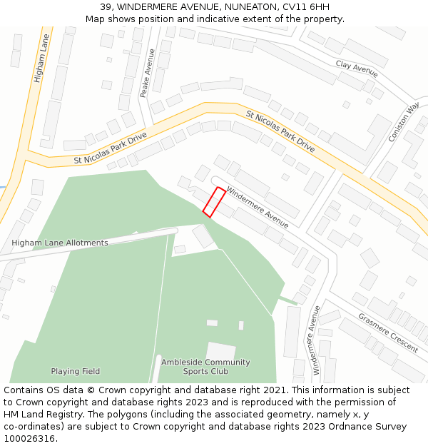 39, WINDERMERE AVENUE, NUNEATON, CV11 6HH: Location map and indicative extent of plot