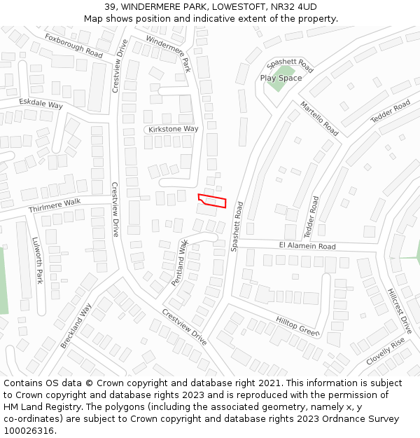 39, WINDERMERE PARK, LOWESTOFT, NR32 4UD: Location map and indicative extent of plot