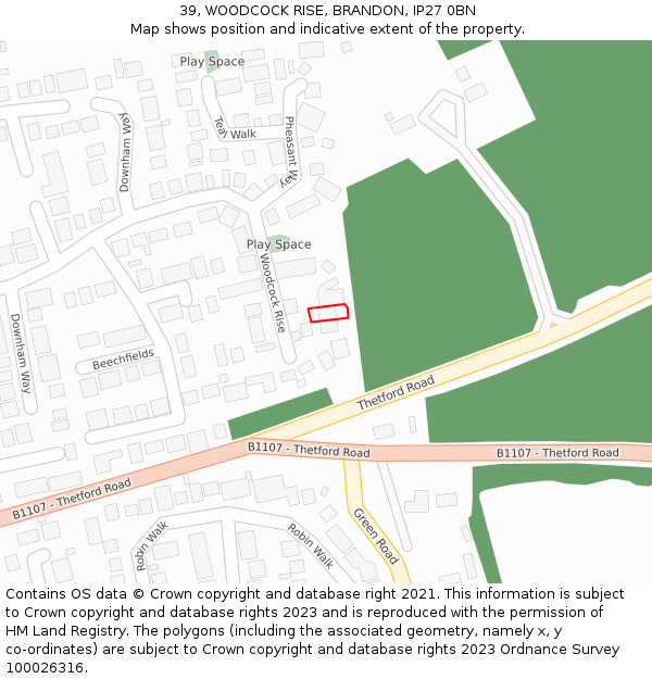 39, WOODCOCK RISE, BRANDON, IP27 0BN: Location map and indicative extent of plot