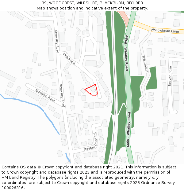 39, WOODCREST, WILPSHIRE, BLACKBURN, BB1 9PR: Location map and indicative extent of plot