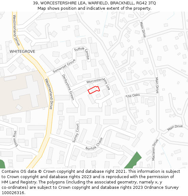 39, WORCESTERSHIRE LEA, WARFIELD, BRACKNELL, RG42 3TQ: Location map and indicative extent of plot