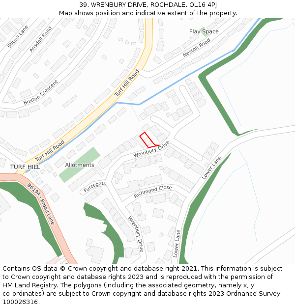 39, WRENBURY DRIVE, ROCHDALE, OL16 4PJ: Location map and indicative extent of plot