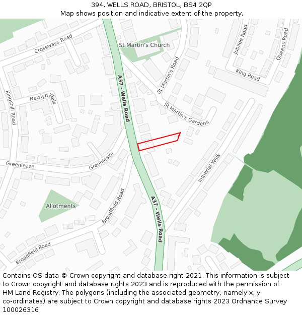 394, WELLS ROAD, BRISTOL, BS4 2QP: Location map and indicative extent of plot