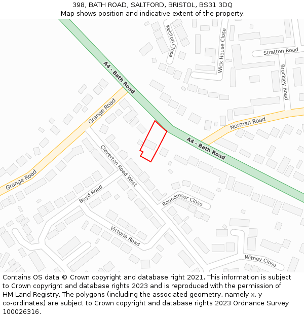398, BATH ROAD, SALTFORD, BRISTOL, BS31 3DQ: Location map and indicative extent of plot