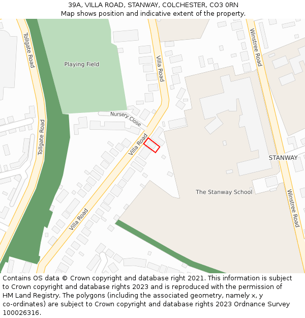 39A, VILLA ROAD, STANWAY, COLCHESTER, CO3 0RN: Location map and indicative extent of plot