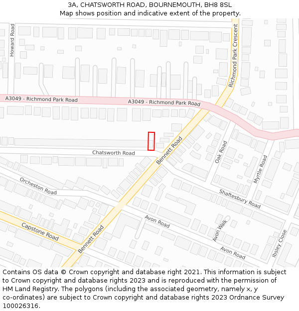 3A, CHATSWORTH ROAD, BOURNEMOUTH, BH8 8SL: Location map and indicative extent of plot