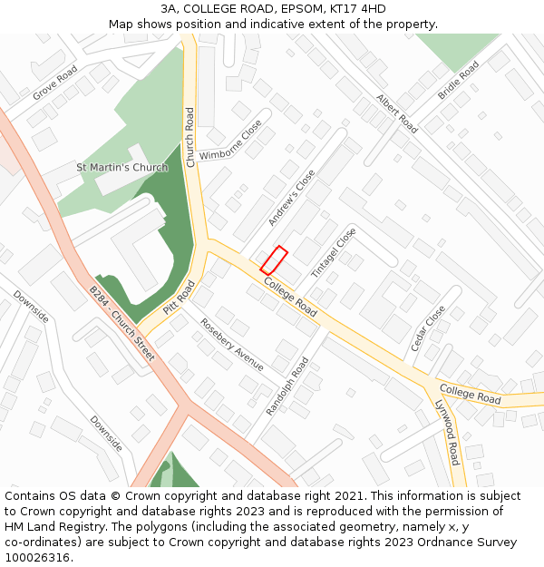 3A, COLLEGE ROAD, EPSOM, KT17 4HD: Location map and indicative extent of plot
