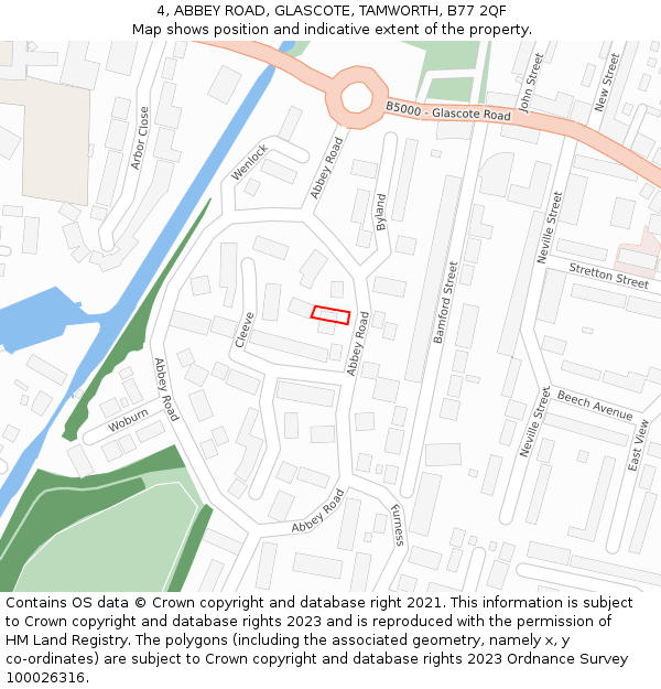 4, ABBEY ROAD, GLASCOTE, TAMWORTH, B77 2QF: Location map and indicative extent of plot