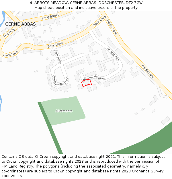 4, ABBOTS MEADOW, CERNE ABBAS, DORCHESTER, DT2 7GW: Location map and indicative extent of plot