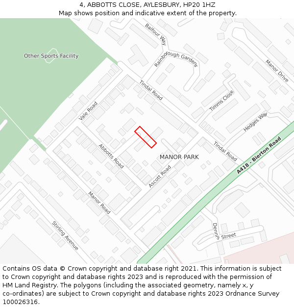 4, ABBOTTS CLOSE, AYLESBURY, HP20 1HZ: Location map and indicative extent of plot