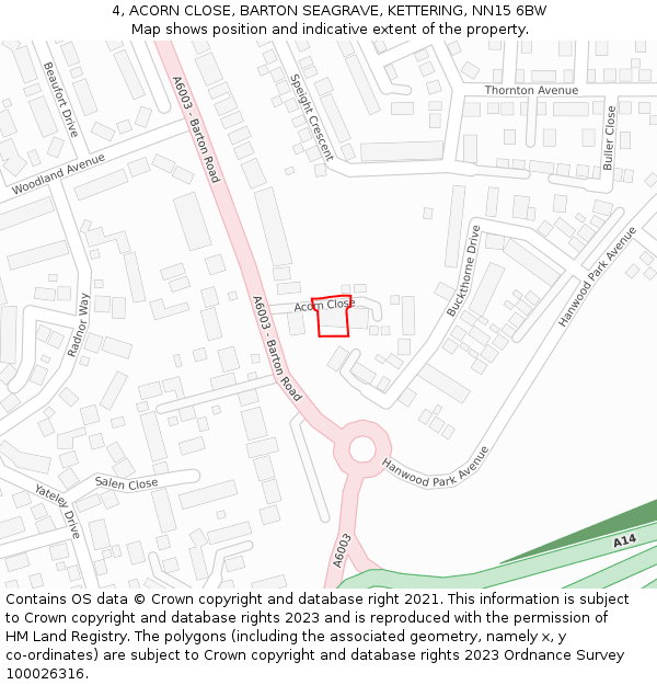 4, ACORN CLOSE, BARTON SEAGRAVE, KETTERING, NN15 6BW: Location map and indicative extent of plot