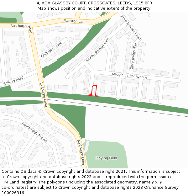 4, ADA GLASSBY COURT, CROSSGATES, LEEDS, LS15 8FR: Location map and indicative extent of plot