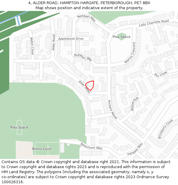 4, ALDER ROAD, HAMPTON HARGATE, PETERBOROUGH, PE7 8BX: Location map and indicative extent of plot