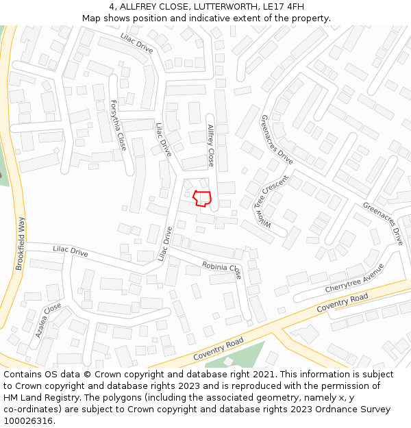 4, ALLFREY CLOSE, LUTTERWORTH, LE17 4FH: Location map and indicative extent of plot