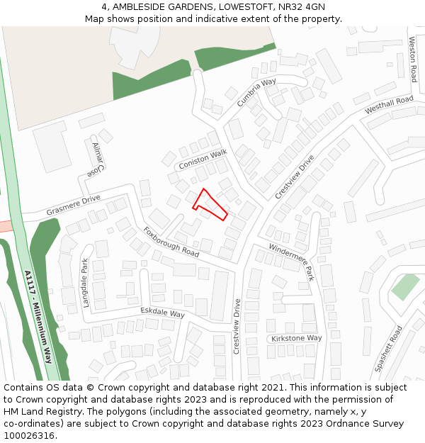 4, AMBLESIDE GARDENS, LOWESTOFT, NR32 4GN: Location map and indicative extent of plot