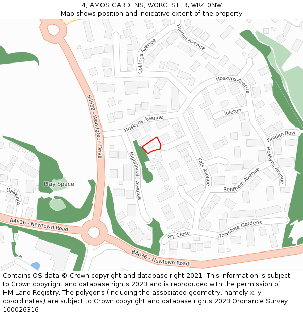 4, AMOS GARDENS, WORCESTER, WR4 0NW: Location map and indicative extent of plot