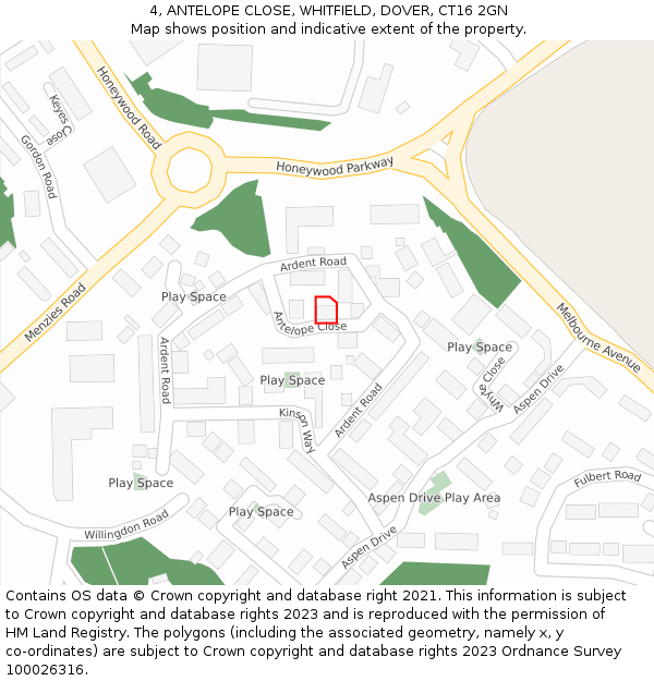 4, ANTELOPE CLOSE, WHITFIELD, DOVER, CT16 2GN: Location map and indicative extent of plot