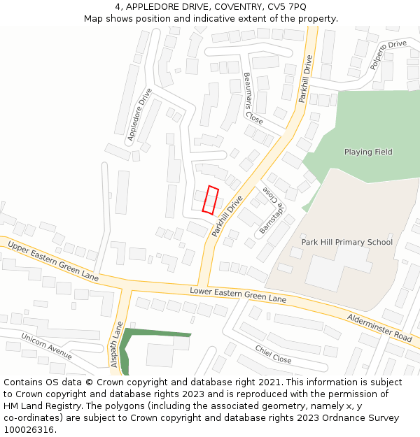 4, APPLEDORE DRIVE, COVENTRY, CV5 7PQ: Location map and indicative extent of plot