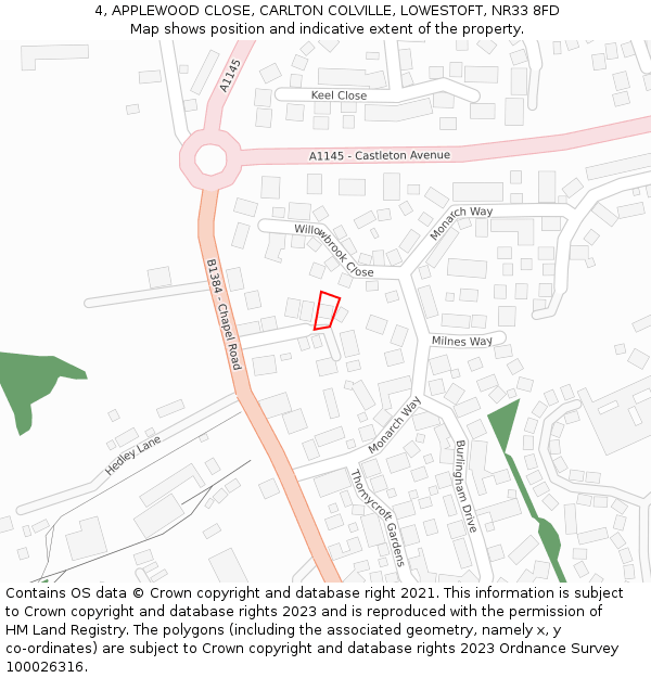 4, APPLEWOOD CLOSE, CARLTON COLVILLE, LOWESTOFT, NR33 8FD: Location map and indicative extent of plot
