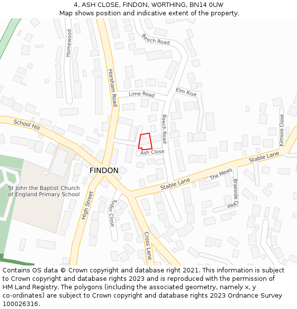 4, ASH CLOSE, FINDON, WORTHING, BN14 0UW: Location map and indicative extent of plot