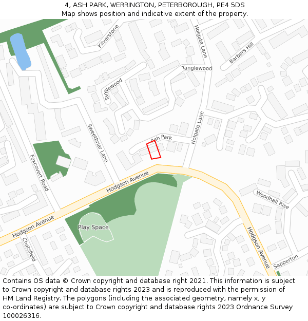 4, ASH PARK, WERRINGTON, PETERBOROUGH, PE4 5DS: Location map and indicative extent of plot