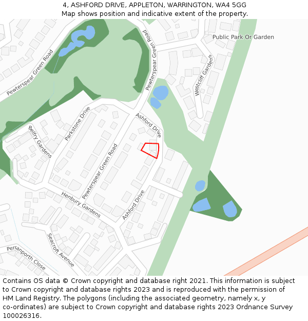 4, ASHFORD DRIVE, APPLETON, WARRINGTON, WA4 5GG: Location map and indicative extent of plot